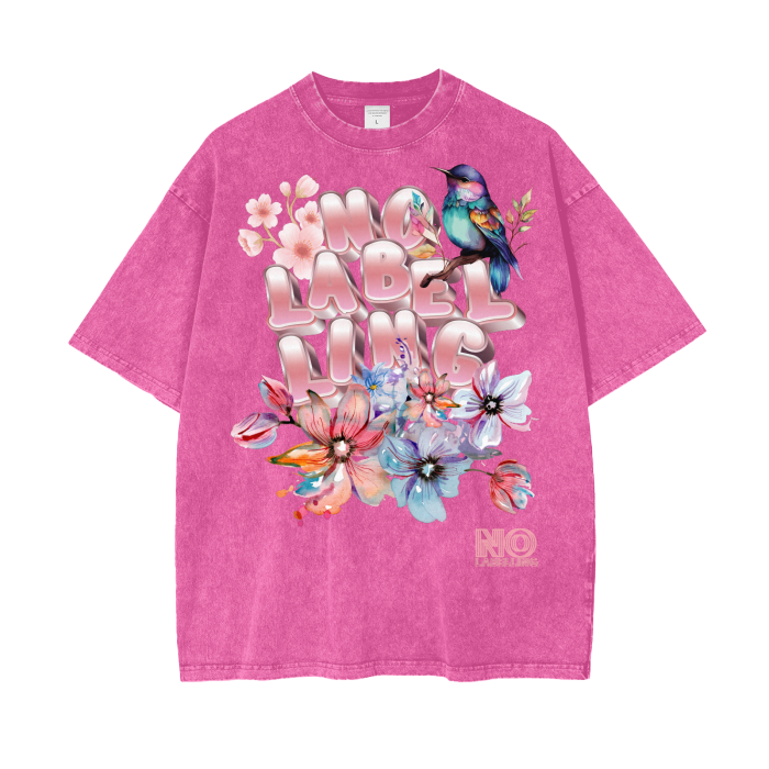 No Labelling Oversized Acid Wash T-Shirt - Floral Bird Design - Happy Faith Fashion Statement