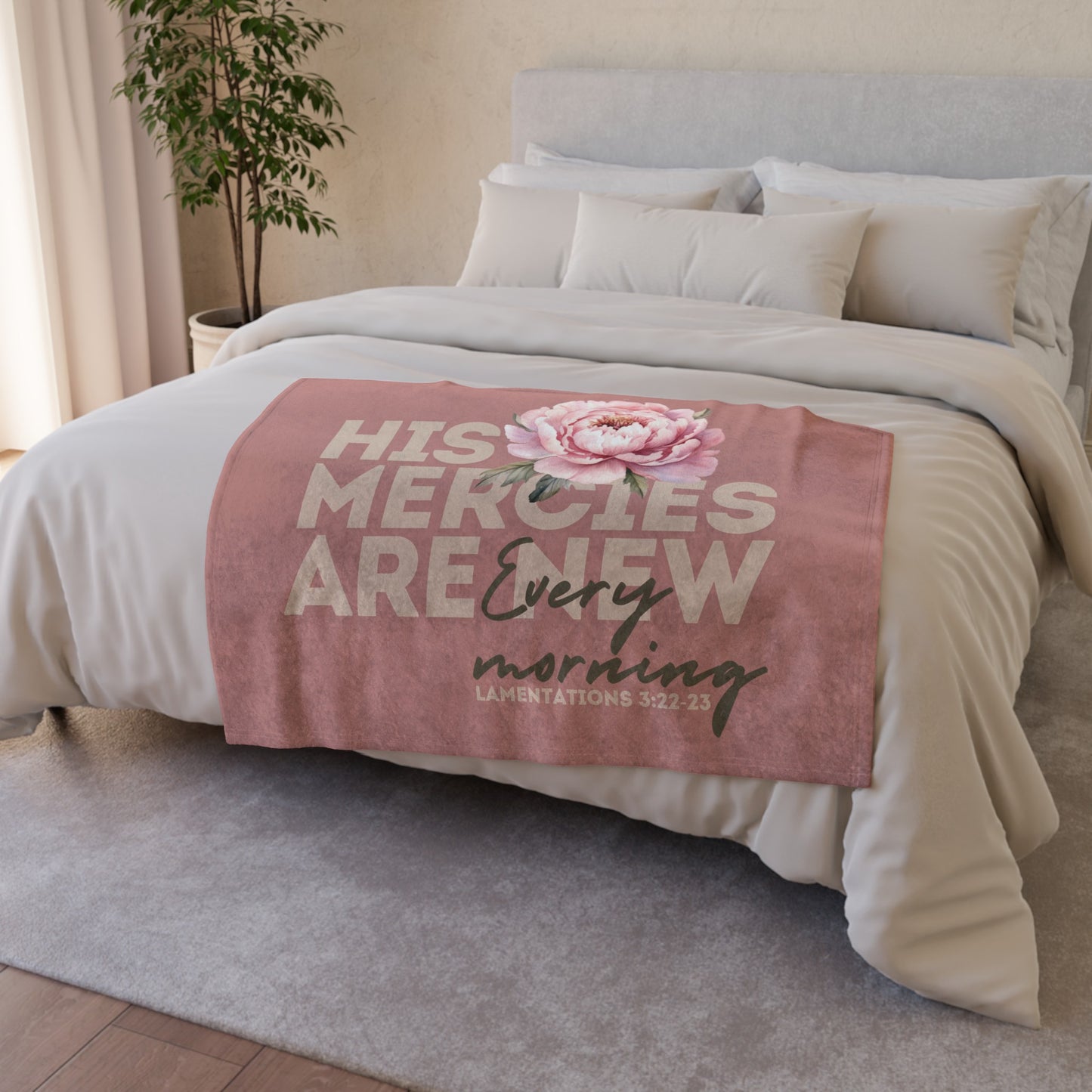 Bible Quote Blanket, Soft Polyester Blanket, His Mercies Are New, Rose