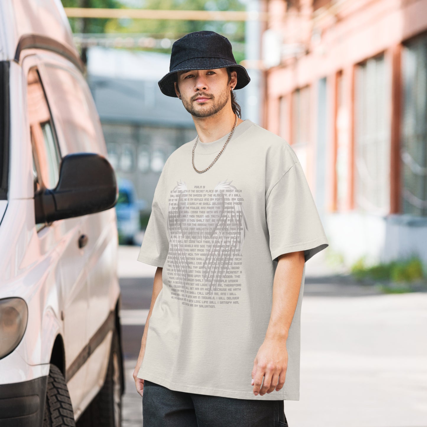 Psalm 91 Bible Verse T-Shirt - 'He Who Dwells In The Secret Place' - Christian Shirt, Oversize, Faded off-White