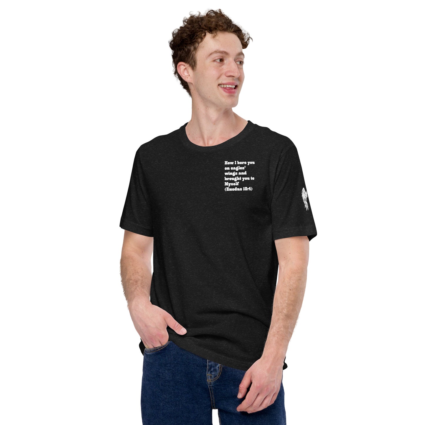 Bible Quote T-Shirt, Unisex, I Bore You In My Wings Scripture Verse, Heather Black Colour