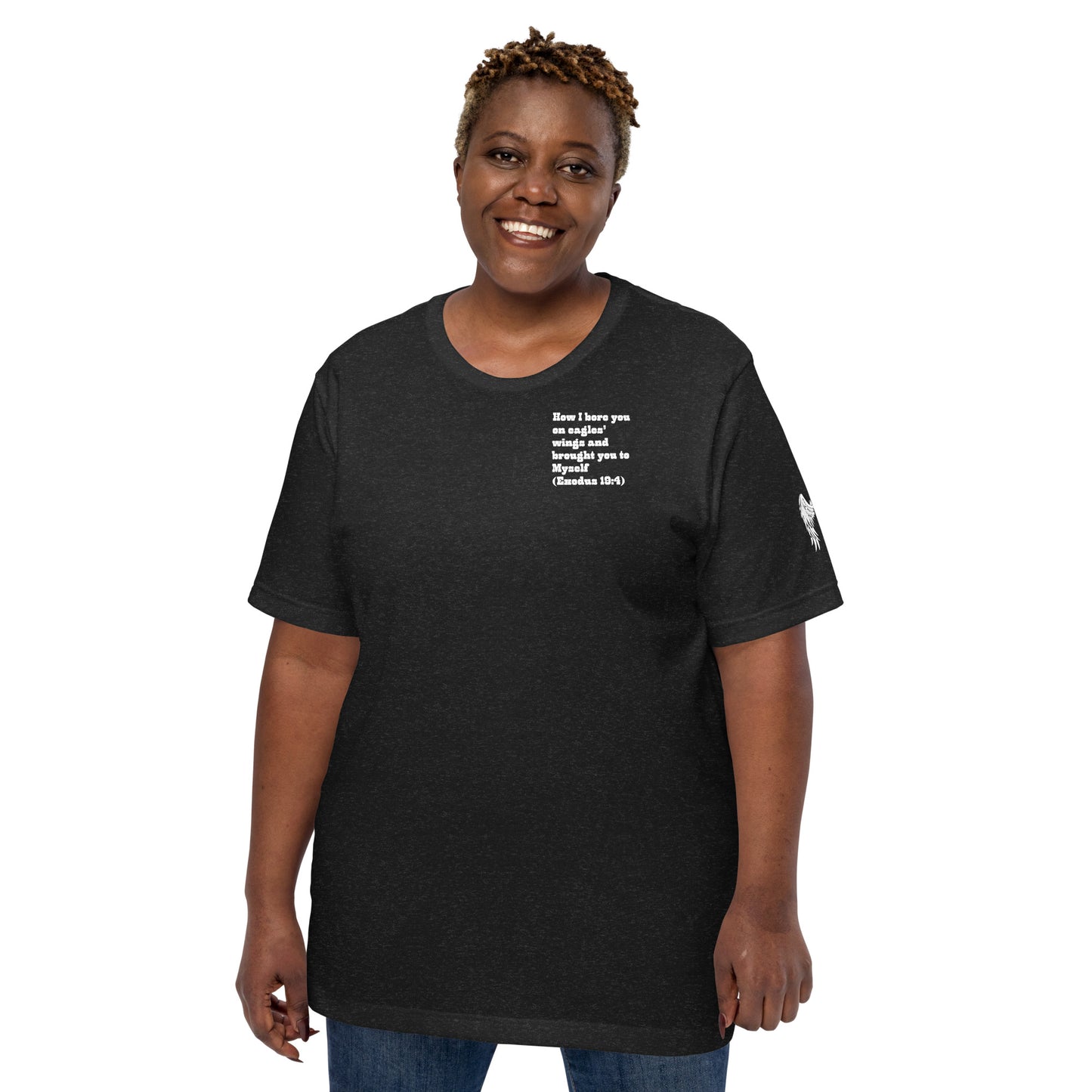 Bible Quote T-Shirt, Unisex, I Bore You In My Wings Scripture Verse, Heather Black Colour