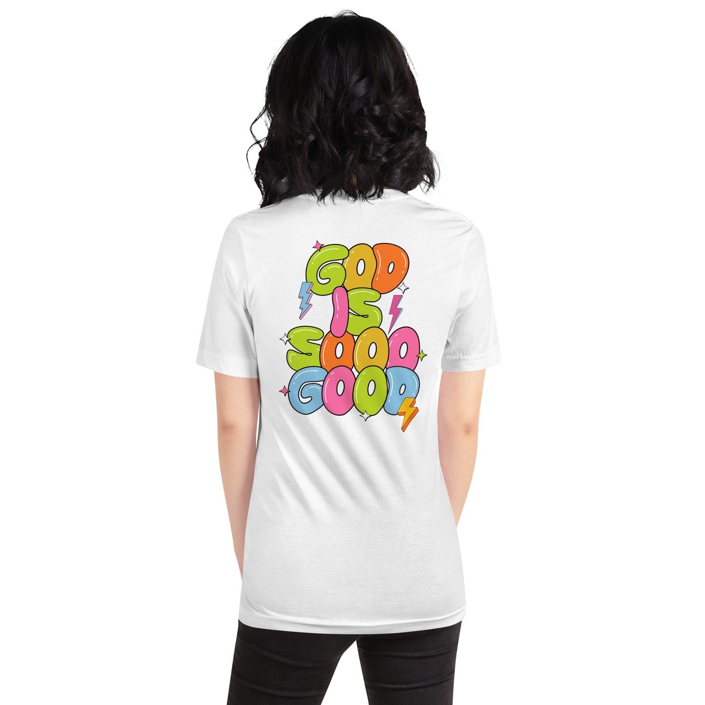 God Is Good T-Shirt for Women – Bible Verse Tee with Embroidery & Colorful Back Print