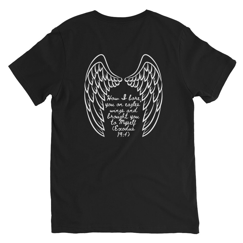 Bible Quote T-Shirt, I Bore You In My Wings Scripture Verse, Unisex Short Sleeve V-Neck T-Shirt, Black