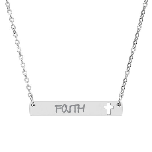 Faith Bar Necklace with Cutout Cross — Engraved Religious Pendant