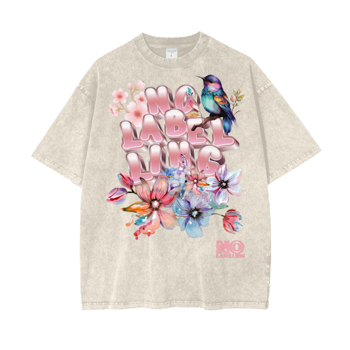 No Labelling Oversized Acid Wash T-Shirt - Floral Bird Design - Happy Faith Fashion Statement