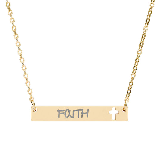 Faith Bar Necklace with Cutout Cross — Engraved Religious Pendant