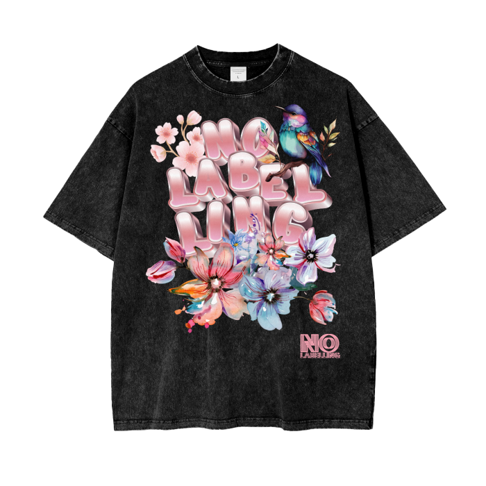 No Labelling Oversized Acid Wash T-Shirt - Floral Bird Design - Happy Faith Fashion Statement