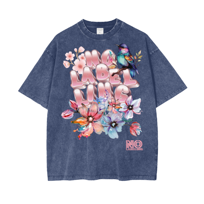 No Labelling Oversized Acid Wash T-Shirt - Floral Bird Design - Happy Faith Fashion Statement
