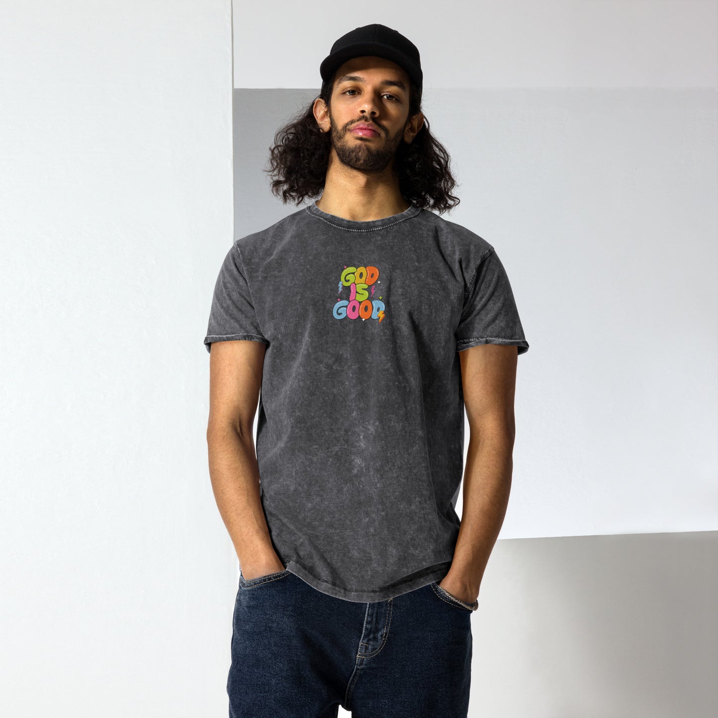 God Is Good T-Shirt – Bible Verse Embroidered Denim | Faith-Based Christian Apparel (Unisex)