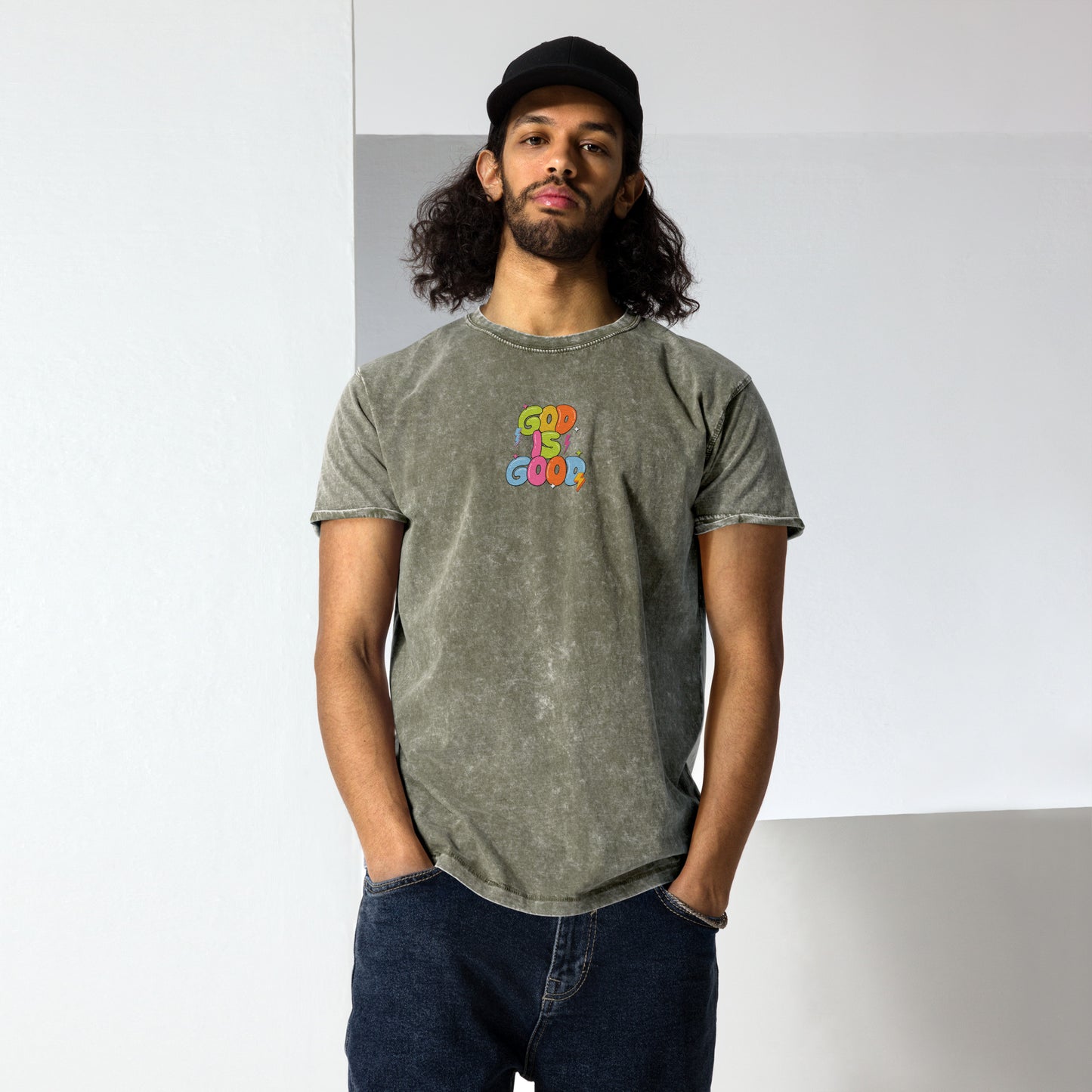 God Is Good T-Shirt – Bible Verse Embroidered Denim | Faith-Based Christian Apparel (Unisex)