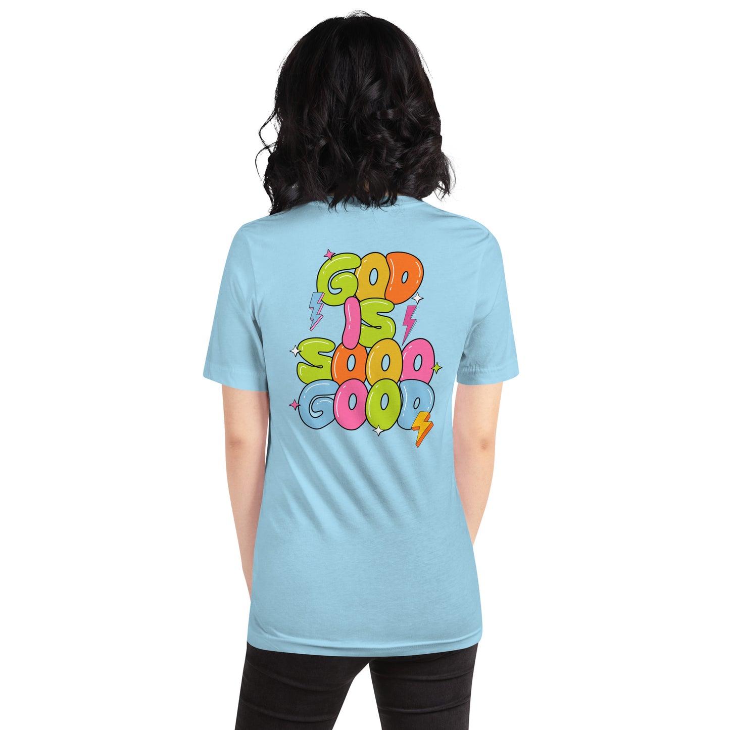 God Is Good T-Shirt for Women – Bible Verse Tee with Embroidery & Colorful Back Print