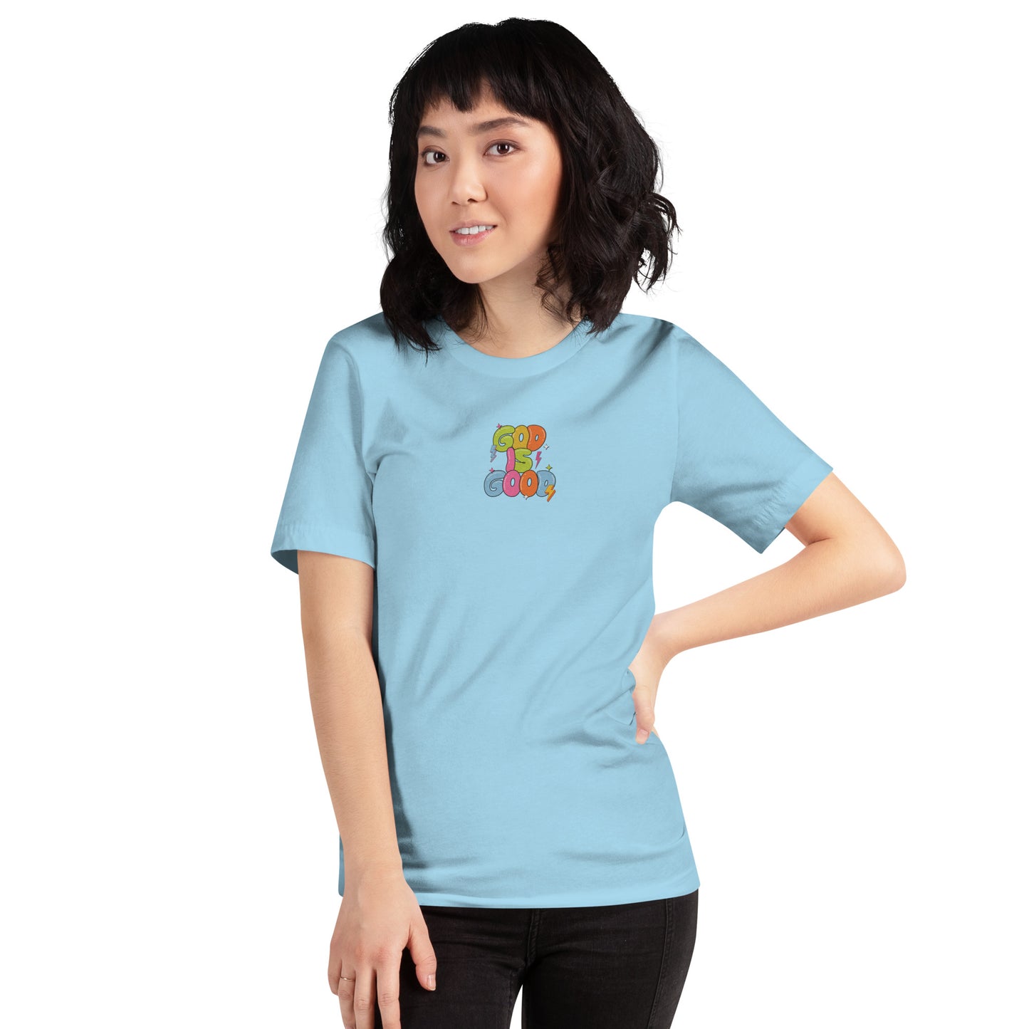 God Is Good T-Shirt for Women – Bible Verse Tee with Embroidery & Colorful Back Print
