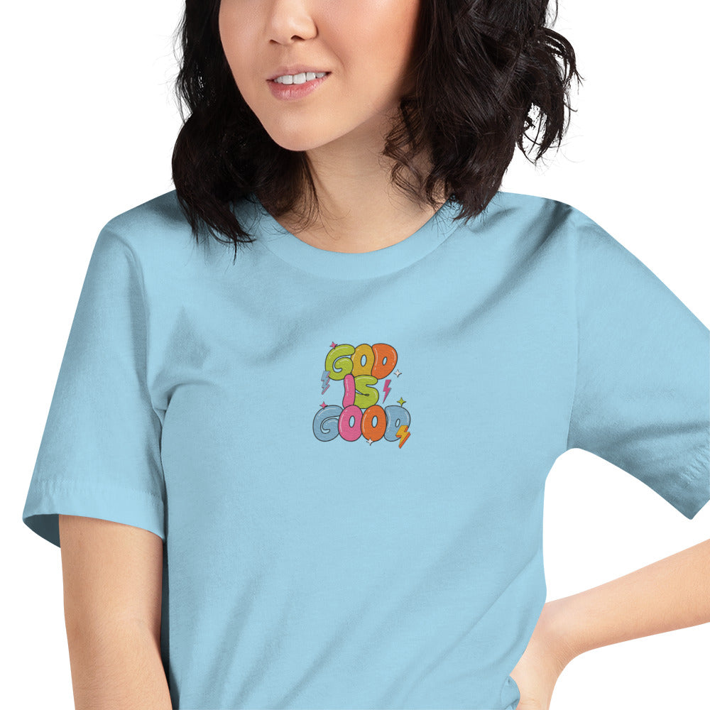 God Is Good T-Shirt for Women – Bible Verse Tee with Embroidery & Colorful Back Print