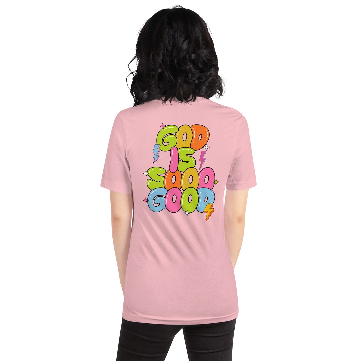 God Is Good T-Shirt for Women – Bible Verse Tee with Embroidery & Colorful Back Print