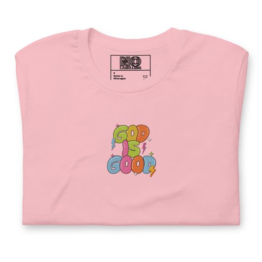 God Is Good T-Shirt for Women – Bible Verse Tee with Embroidery & Colorful Back Print