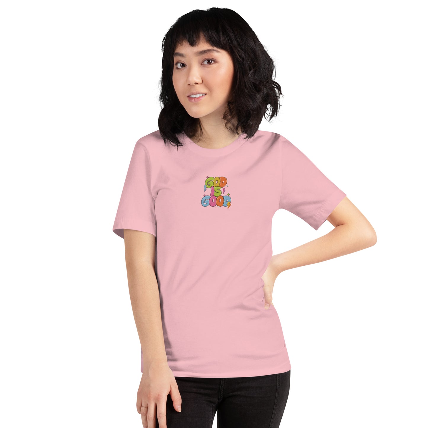 God Is Good T-Shirt for Women – Bible Verse Tee with Embroidery & Colorful Back Print