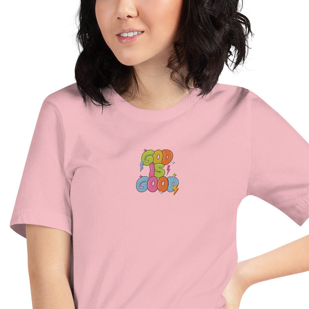 God Is Good T-Shirt for Women – Bible Verse Tee with Embroidery & Colorful Back Print