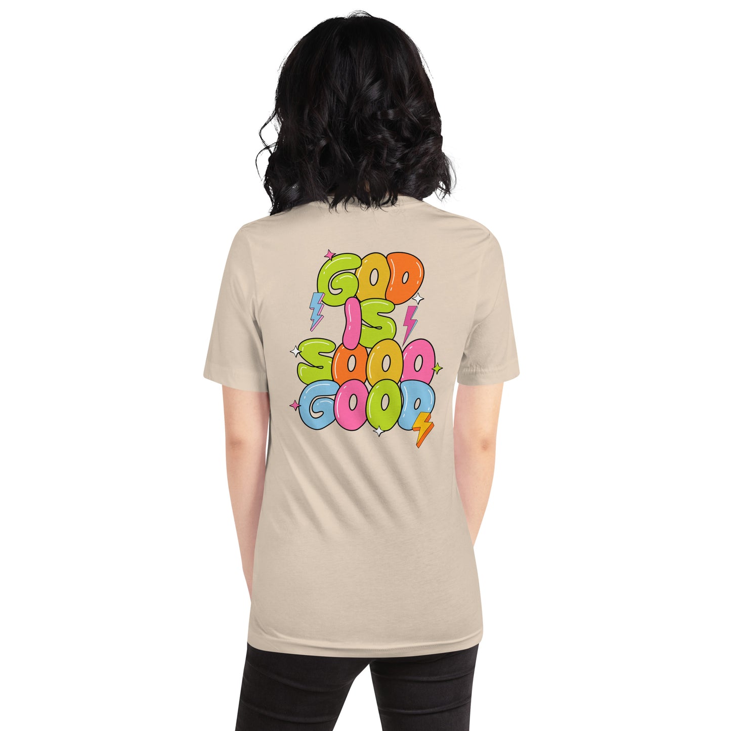 God Is Good T-Shirt for Women – Bible Verse Tee with Embroidery & Colorful Back Print