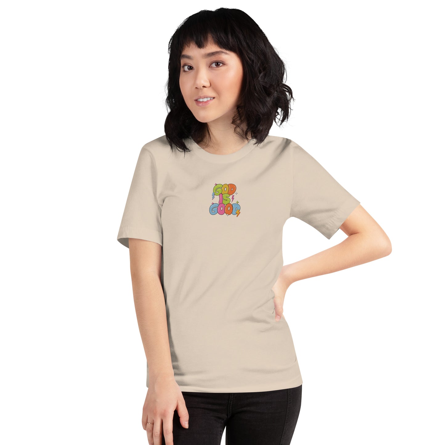 God Is Good T-Shirt for Women – Bible Verse Tee with Embroidery & Colorful Back Print
