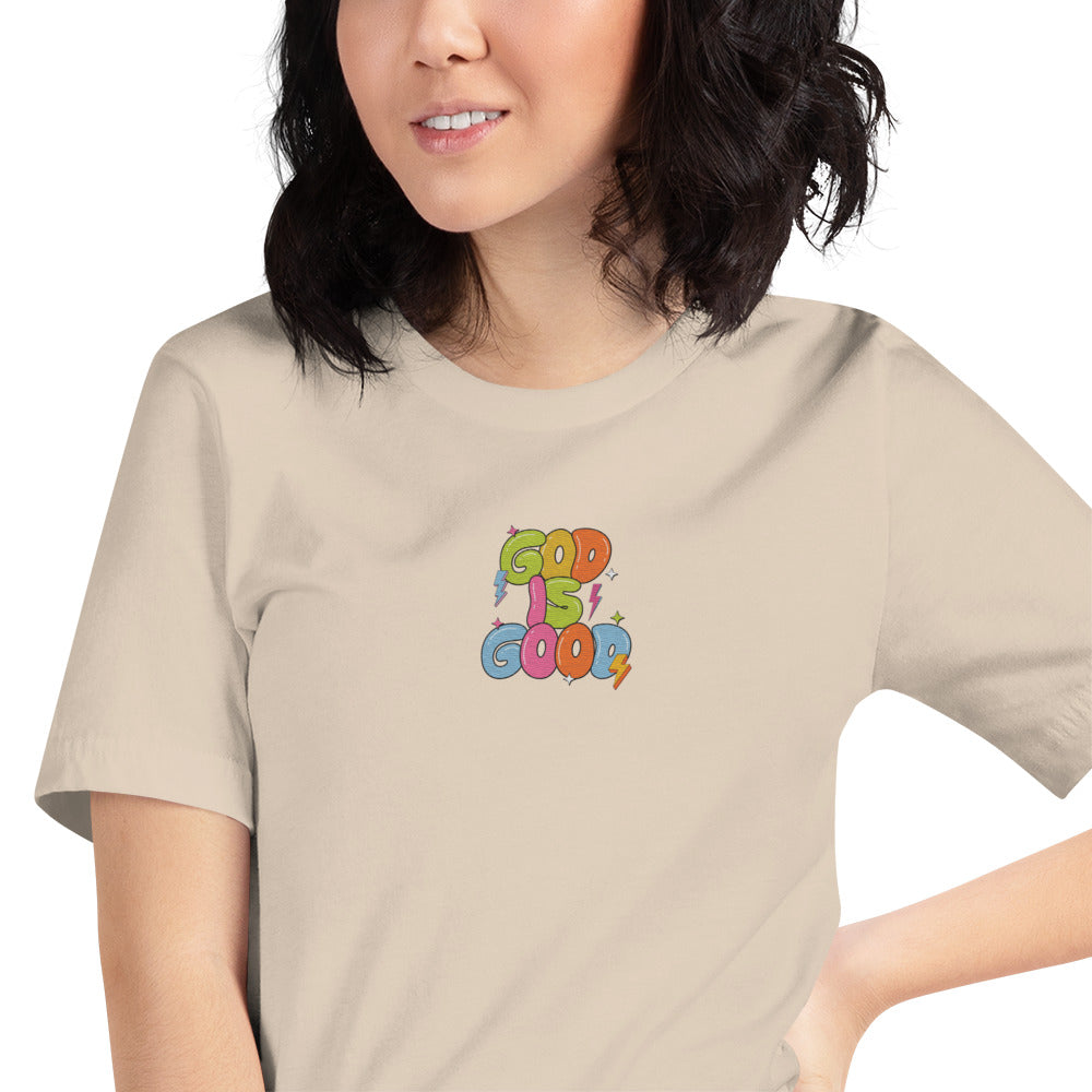 God Is Good T-Shirt for Women – Bible Verse Tee with Embroidery & Colorful Back Print