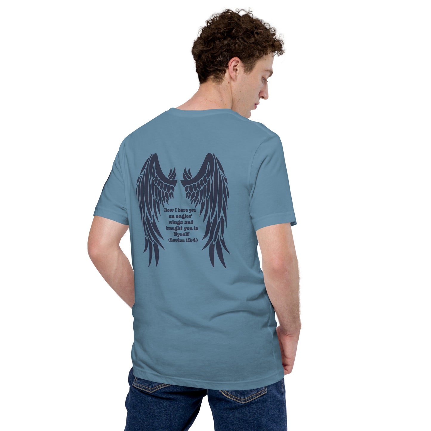 Bible Quote T-Shirt, Unisex, I Bore You In My Wings Scripture Verse, Steel Blue Colour