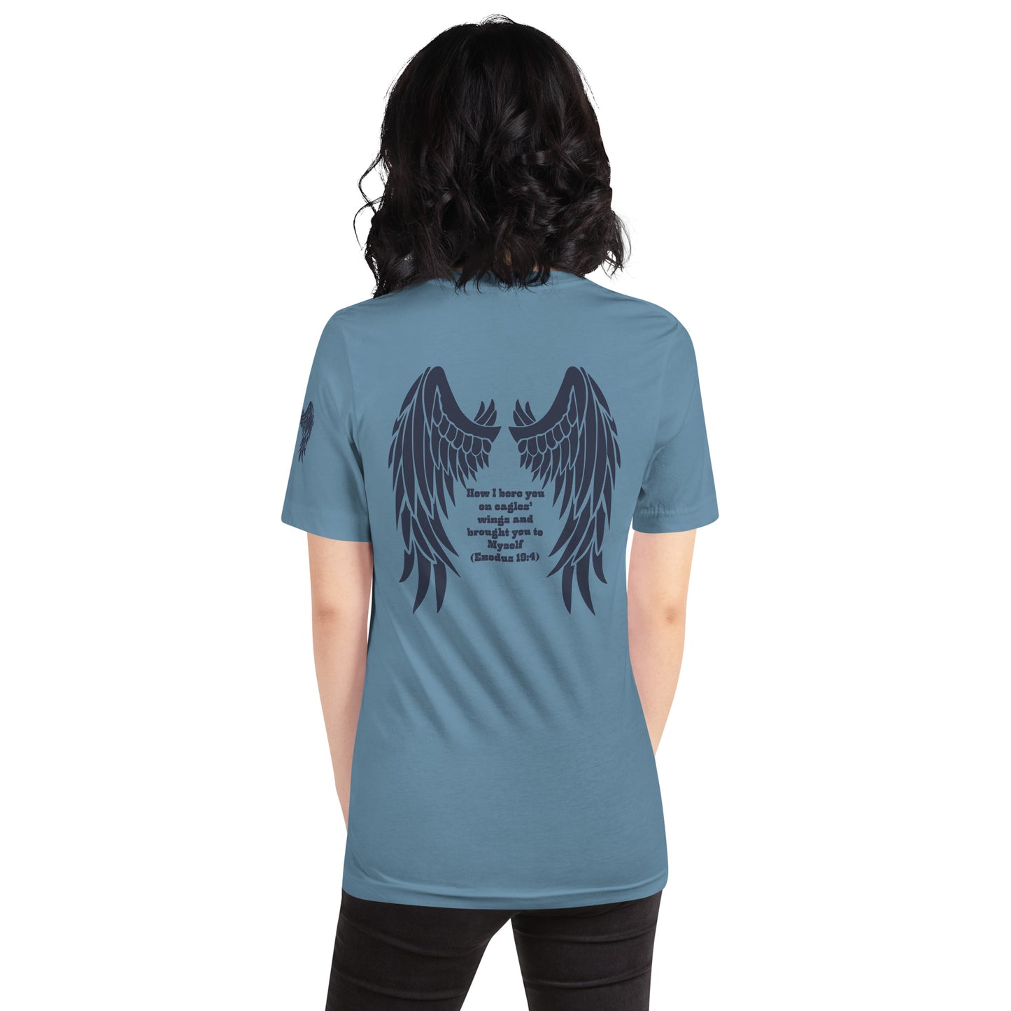 Bible Quote T-Shirt, Unisex, I Bore You In My Wings Scripture Verse, Steel Blue Colour