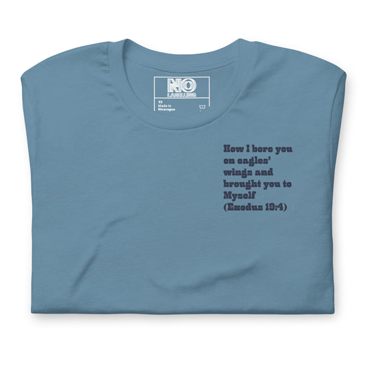 Bible Quote T-Shirt, Unisex, I Bore You In My Wings Scripture Verse, Steel Blue Colour
