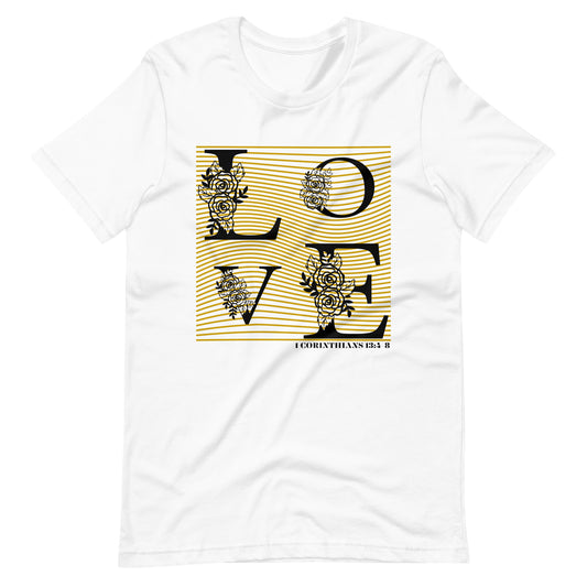Love Bible Verse T-Shirt – 1 Corinthians 13:4–8 | Christian Faith Tee for Men & Women (White or Cream)