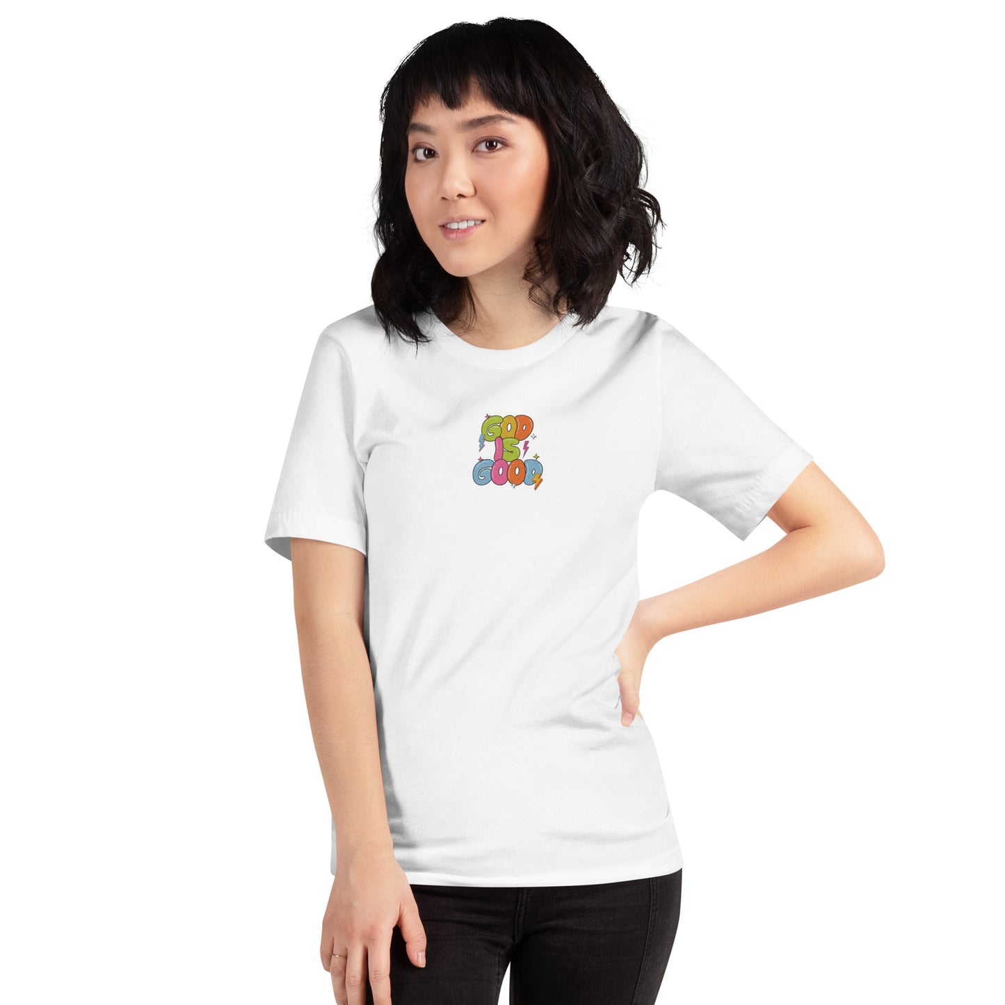 God Is Good T-Shirt for Women – Bible Verse Tee with Embroidery & Colorful Back Print
