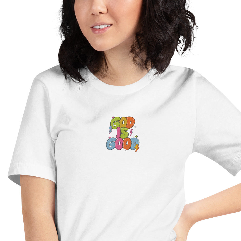 God Is Good T-Shirt for Women – Bible Verse Tee with Embroidery & Colorful Back Print